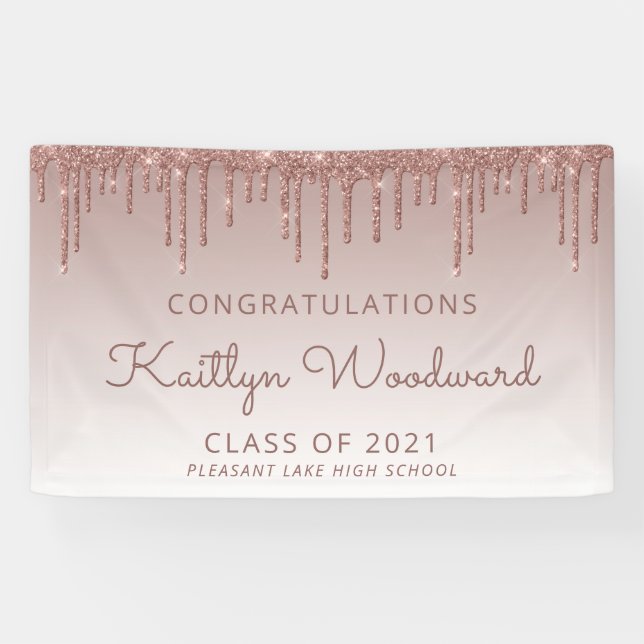 Chic Rose Gold Glitter Drip Graduation Banner (Horizontal)