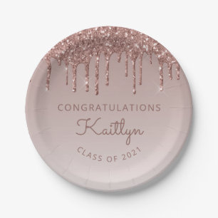 Chic Rose Gold Glitter Drip Graduation Party Paper Plate