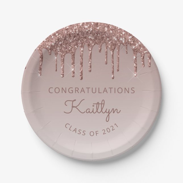 Chic Rose Gold Glitter Drip Graduation Party Paper Plate (Front)