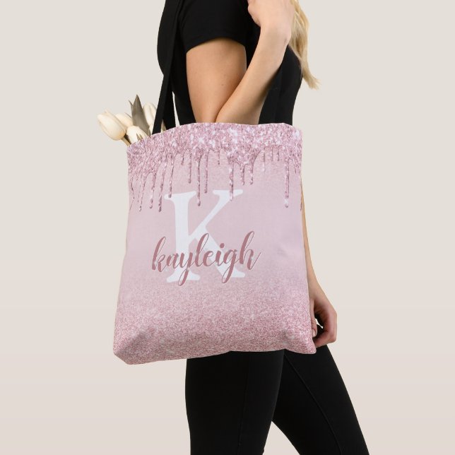 Chic  Rose Gold Glitter Drip Ombre Pink Monogram Tote Bag (Close Up)