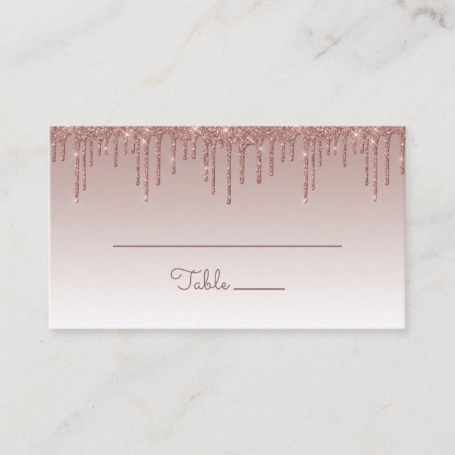 Chic Rose Gold Glitter Drip Party Flat Place Card (Front)