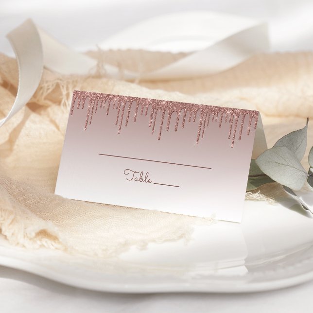 Chic Rose Gold Glitter Drip Party Folded Place Card (Creator Uploaded)