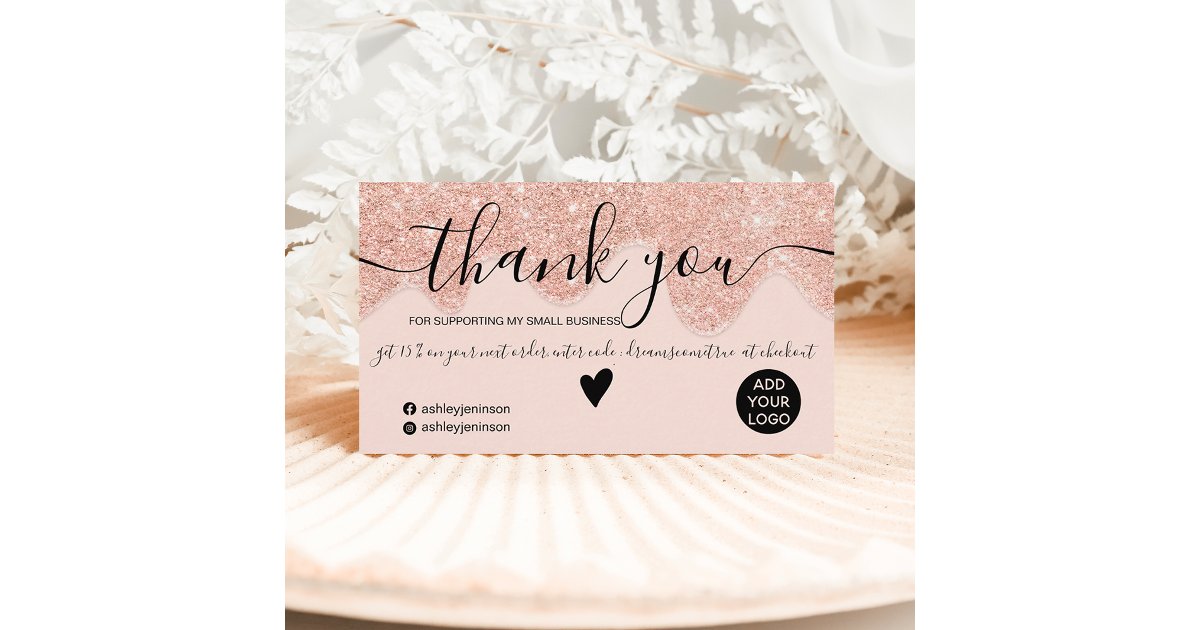 Chic rose gold glitter drips blush order thank you business card | Zazzle