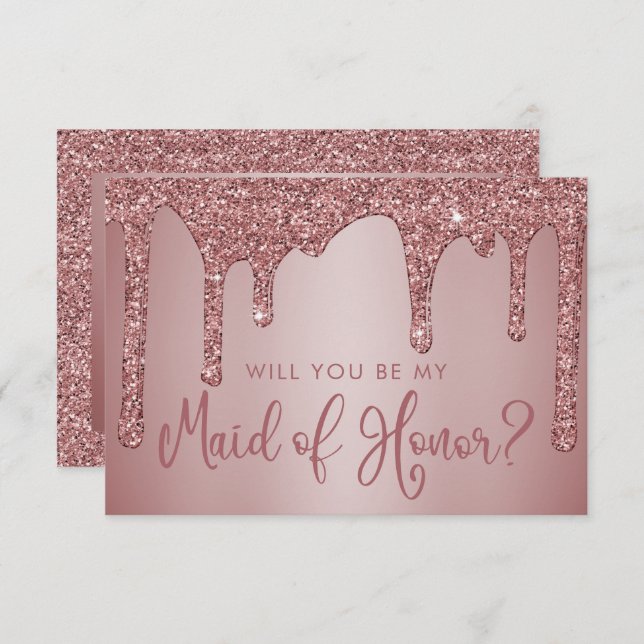 Chic Rose Gold Glitter Drips Maid of Honour Invitation (Front/Back)