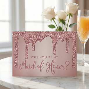 Chic Rose Gold Glitter Drips Maid of Honour Invitation
