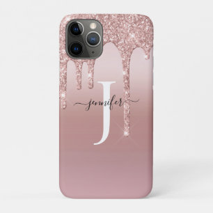 Chic Rose Gold Glitter Drips Monogram iPhone 11 Pro Case