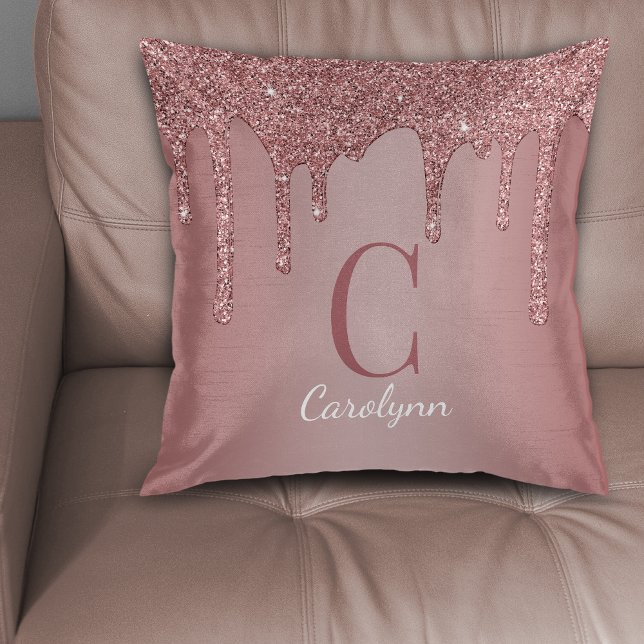 Chic Rose Gold Glitter Drips Monogram Cushion (Chic Rose Gold Glitter Drips Monogram Throw Pillow)