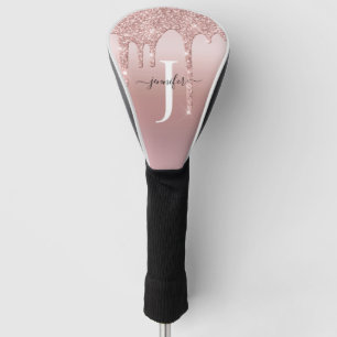 Chic Rose Gold Glitter Drips Monogram Golf Head Cover