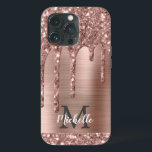 Chic Rose Gold Glitter Drips Monogram Pink Metal   iPhone 13 Pro Case<br><div class="desc">Elegant, modern, girly rose gold glitter drips pink metal custom personalised name and monogrammed iphone case. This design features blush pink rose gold glitter sparkle drips on pink brushed metal background with custom personalised monogram initial and first name text template. Perfect feminine gift for girl and women who loves pretty...</div>