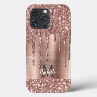 Chic Rose Gold Glitter Drips Monogram Pink Metal