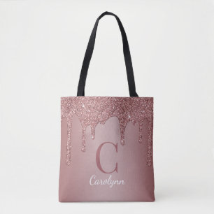 Chic Rose Gold Glitter Drips Monogram Tote Bag