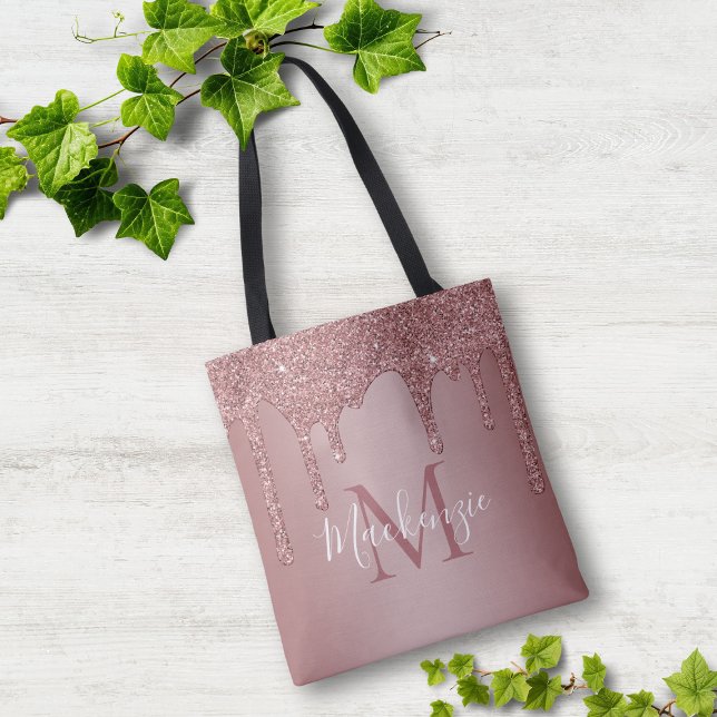 Chic Rose Gold Glitter Drips Monogram Tote Bag (Chic Rose Gold Glitter Drips Monogram Tote Bag)