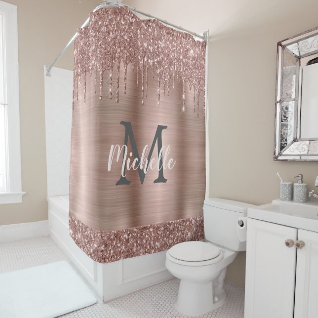 Chic Rose Gold Glitter Drips Pink Metal Monogram  Shower Curtain (In Situ)
