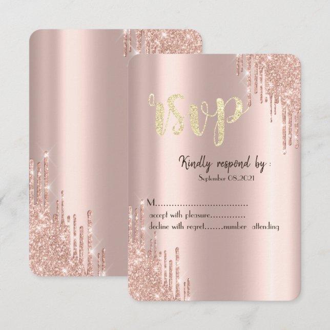 Chic Rose Gold Glitter Drips RSVP  Invitation (Front/Back)