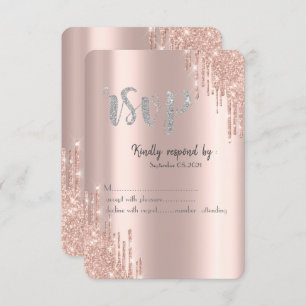 Chic Rose Gold Glitter Drips Silver RSVP Invitation