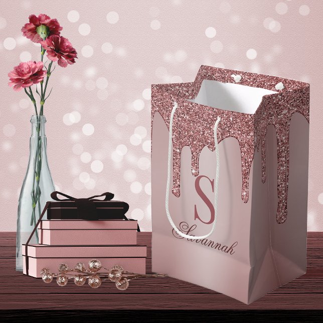 Chic Rose Gold Glitter Drips Sparkle Monogram Medium Gift Bag (Creator Uploaded)