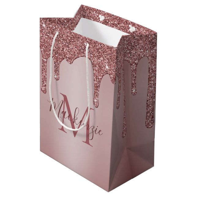 Chic Rose Gold Glitter Drips Sparkle Monogram Medium Gift Bag (Back Angled)