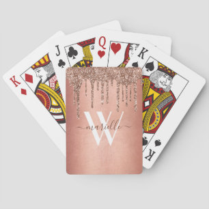 Chic Rose Gold Glitter Drips Sparkle Monogram Name Playing Cards