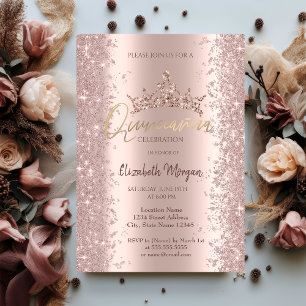 Chic Rose Gold Glitter Dust Crown Quinceañera Invitation