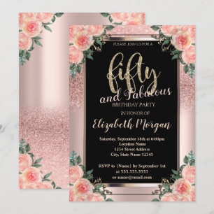 Chic Rose Gold Glitter Flowers 50th Birthday Party Invitation