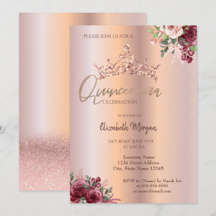 Chic Rose Gold Glitter Flowers Crown Quinceañera   Invitation