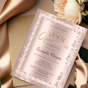 Chic Rose Gold Glitter Frame Crown Quinceañera Invitation