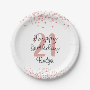 Chic Rose Gold Glitter HAPPY 21st BIRTHDAY Name Paper Plate