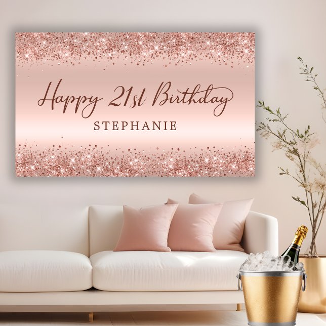 Chic Rose Gold Glitter Happy 21st Birthday Script  Banner (Creator Uploaded)