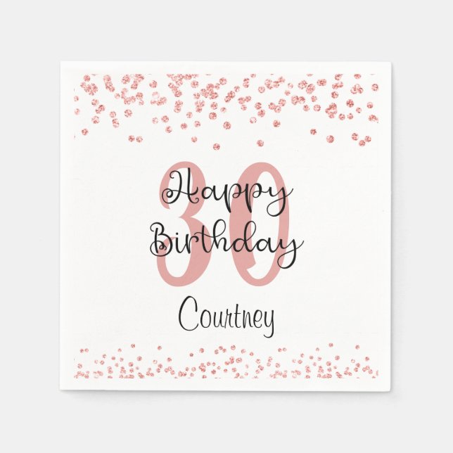 Chic Rose Gold Glitter HAPPY 30th BIRTHDAY Name Napkin (Front)