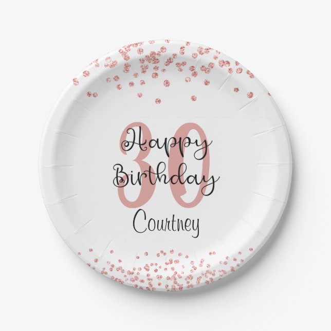 Chic Rose Gold Glitter HAPPY 30th BIRTHDAY Name Paper Plate (Front)