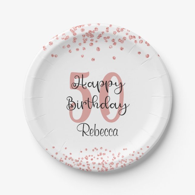 Chic Rose Gold Glitter HAPPY 50th BIRTHDAY Name Paper Plate (Front)
