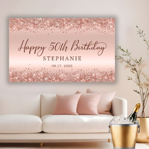 Chic Rose Gold Glitter Happy 50th Birthday Script  Banner