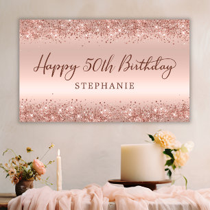 Chic Rose Gold Glitter Happy 50th Birthday Script  Banner