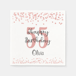 Chic Rose Gold Glitter HAPPY 55th BIRTHDAY Name Napkin