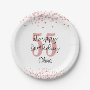 Chic Rose Gold Glitter HAPPY 55th BIRTHDAY Name Paper Plate