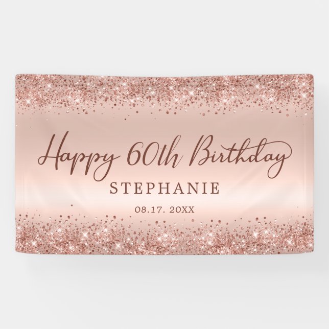 Chic Rose Gold Glitter Happy 60th Birthday Script  Banner (Horizontal)
