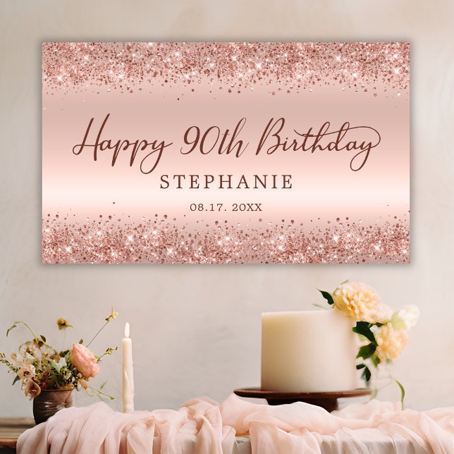 Chic Rose Gold Glitter Happy 90th Birthday Script  Banner (Creator Uploaded)
