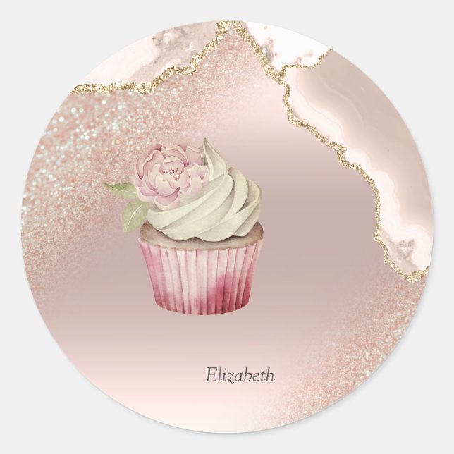 Chic Rose Gold Glitter Marble Cupcake Classic Round Sticker (Front)