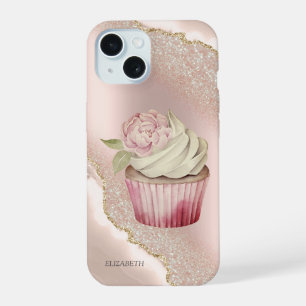 Chic Rose Gold Glitter Marble Cupcake iPhone 15 Case