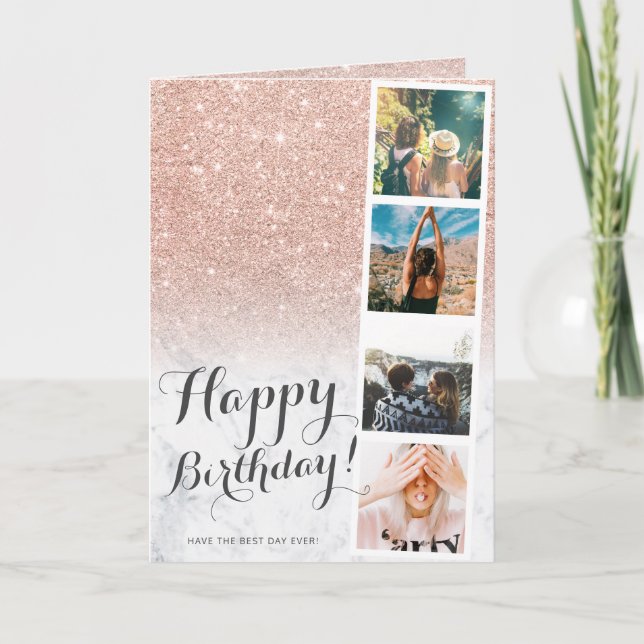 Chic rose gold glitter marble photo booth birthday card (Front)