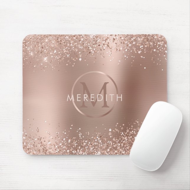 Chic Rose Gold Glitter Metallic Monogram Mouse Mat (With Mouse)