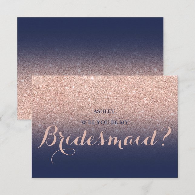 Chic rose gold glitter navy blue be my Bridesmaid Invitation (Front/Back)
