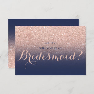 Chic rose gold glitter navy blue be my Bridesmaid Invitation