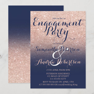 Chic rose gold glitter navy blue engagement party invitation