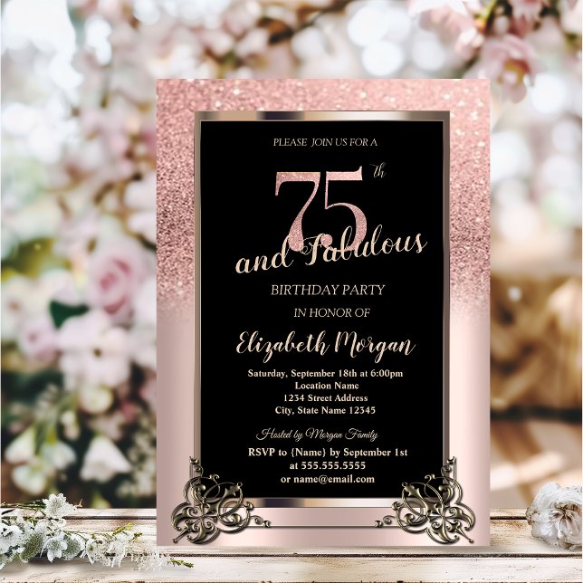 Chic Rose Gold Glitter Ombre 75th Birthday Party Invitation (Creator Uploaded)