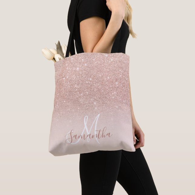 Chic rose gold glitter ombre pink block monogram tote bag (Close Up)