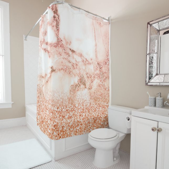 Chic rose gold glitter ombre pink glitter marble shower curtain (In Situ)