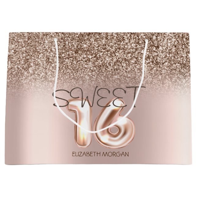 Chic Rose Gold Glitter Ombre Sweet 16 Large Gift Bag (Front)
