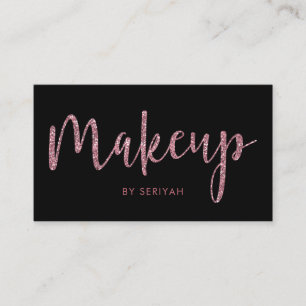 Chic Rose Gold Glitter on Black Makeup Artist Business Card
