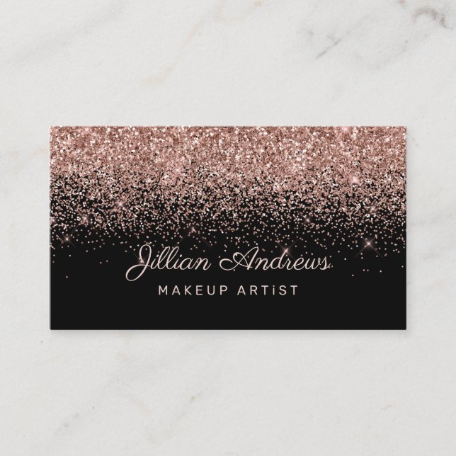 Chic Rose Gold Glitter on Black Professional Business Card (Front)